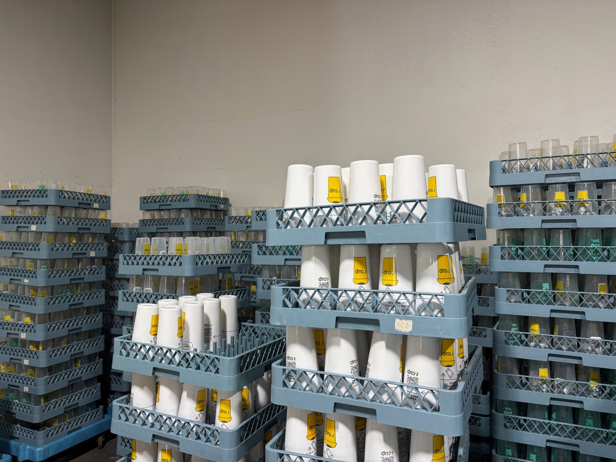 Stacks of QR-code tracked r.World reusable cups in wash racks